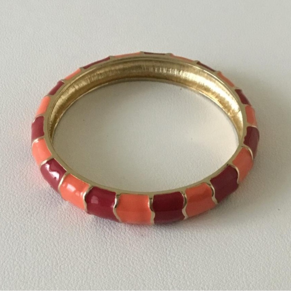 Vintage 1960s Enamel Bangle Bracelet, Coral & Burgundy, Gold Tone, Excellent
